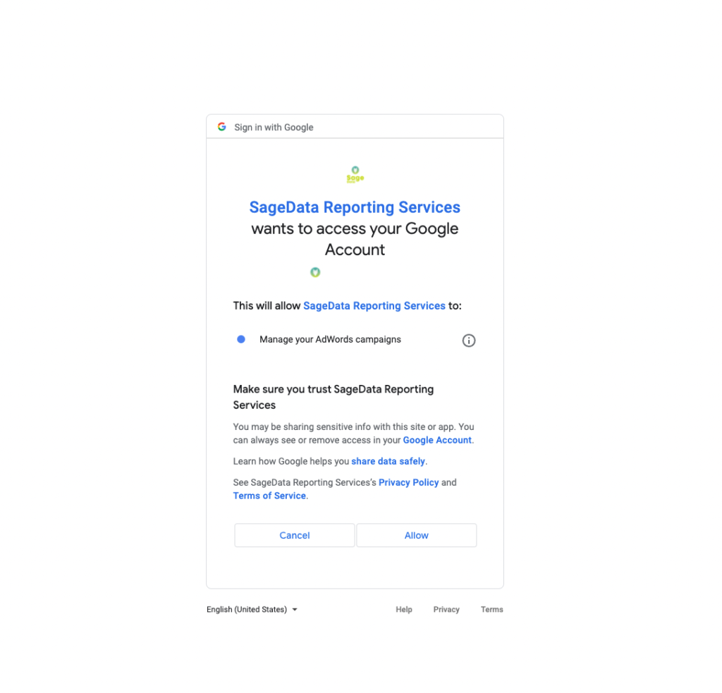 Approve SageData access to Google Ads